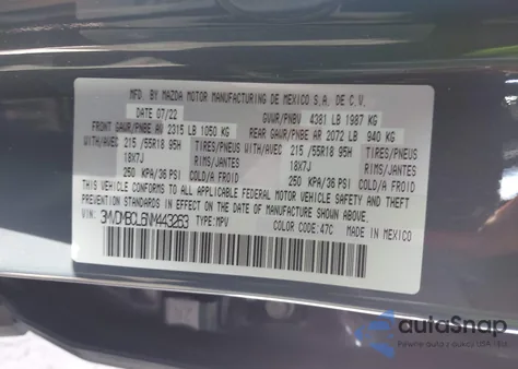 2022 Mazda Cx-30 Carbon Edition z USA, uszkodzony, nr VIN 3MVDMBCL6NM443263